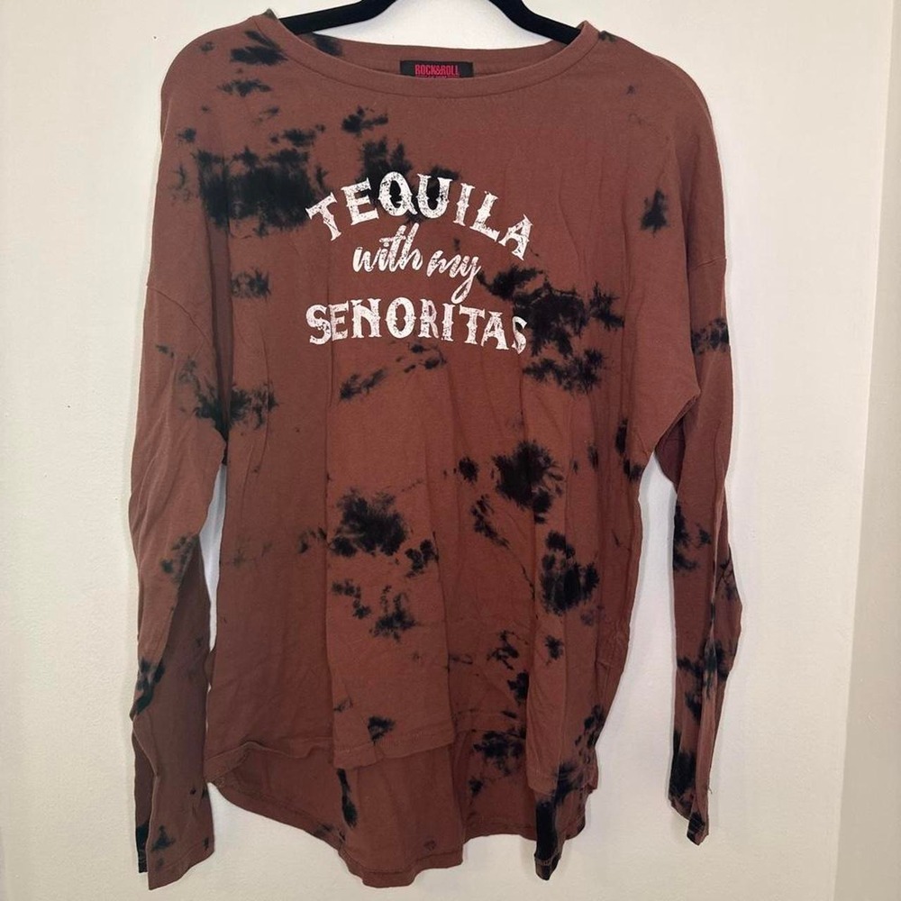 Rock & Roll Denim Graphic Tee Womens M Brown Good Tie Dye Tequila Long Sleeve
